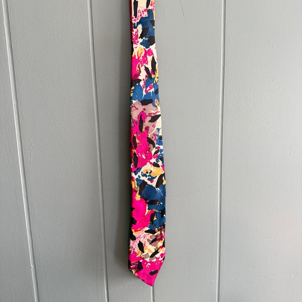 Hardy Amies Savile Row Silk Tie Vintage 80s Abstract Floral Pink Blue Gold Black